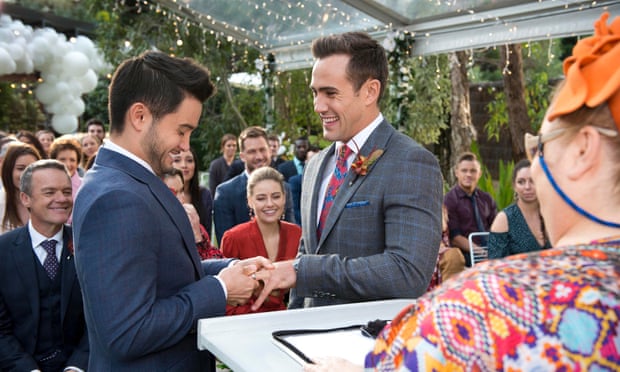 Aaron (Matt Wilson) and David (Takaya Honda) marry the knot. Photograph courtesy of Network Ten